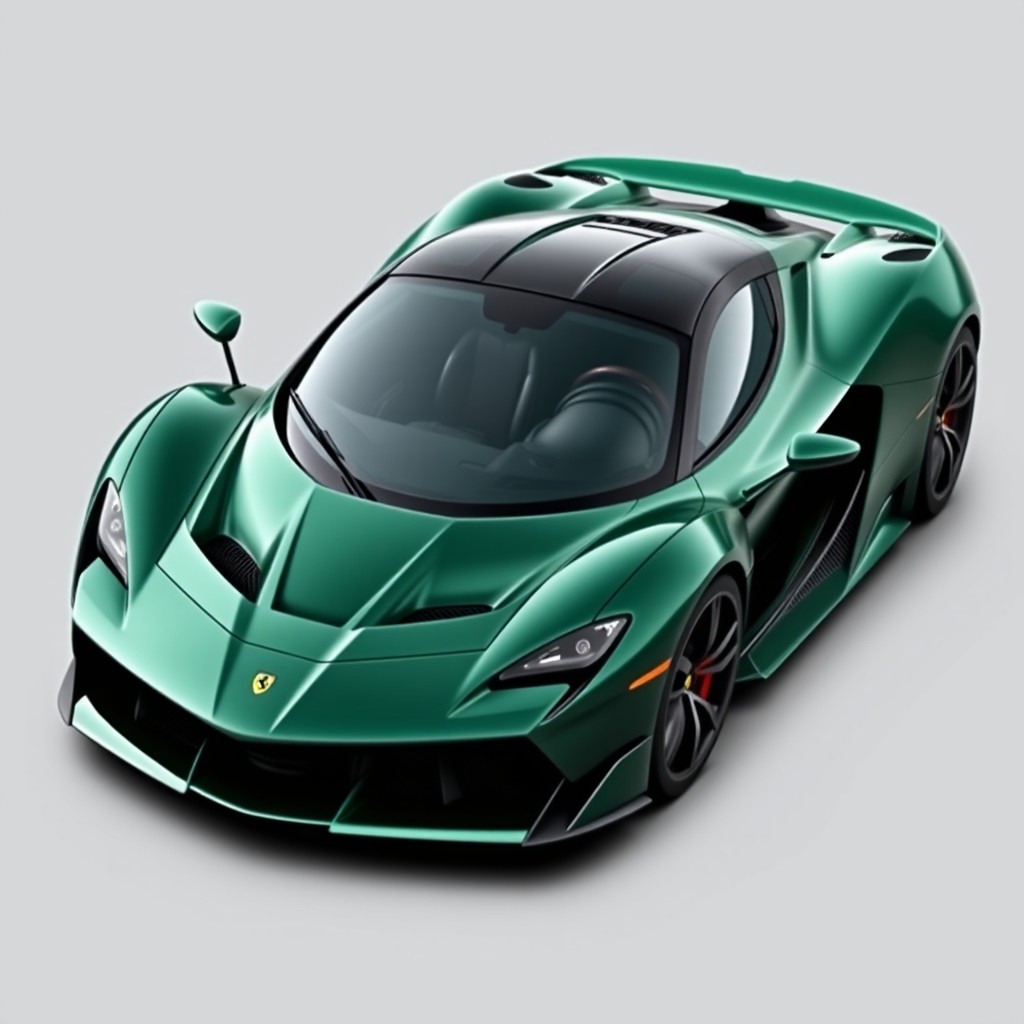 An aerodynamic sports car inspired by Ferrari and McLaren, featuring a sleek design with a deep green color