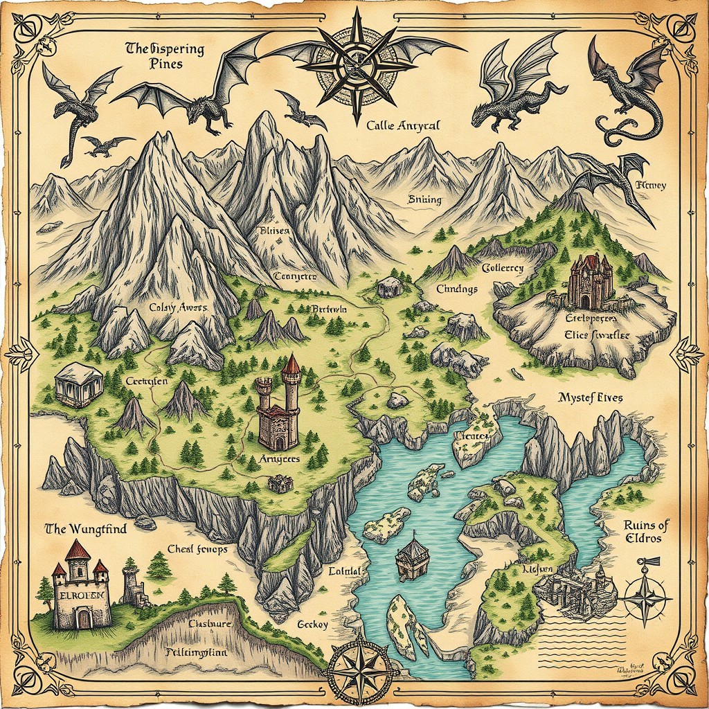 A hand-drawn fantasy map of an imaginary world featuring towering mountains, deep valleys, and winding rivers