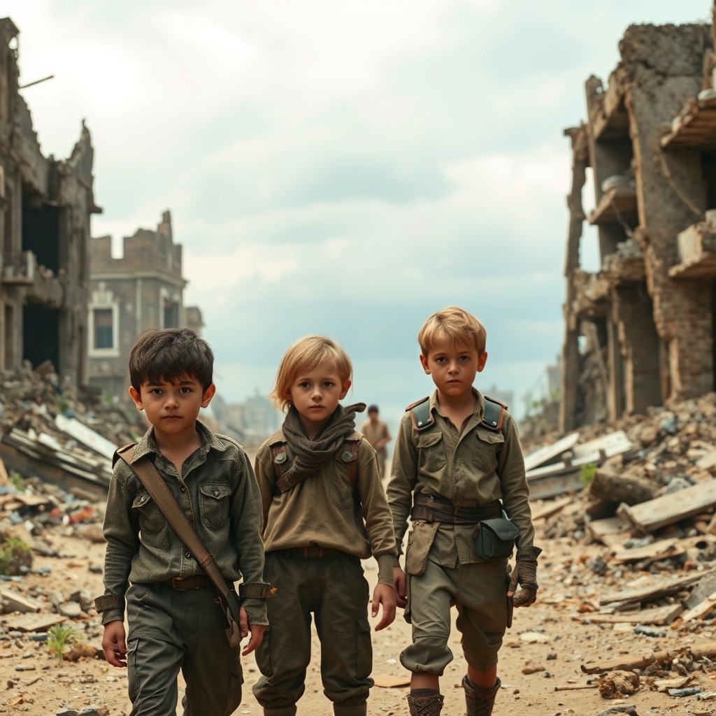Two boys around nine years old and a sixteen-year-old girl with short, curly blonde hair in a war-torn world