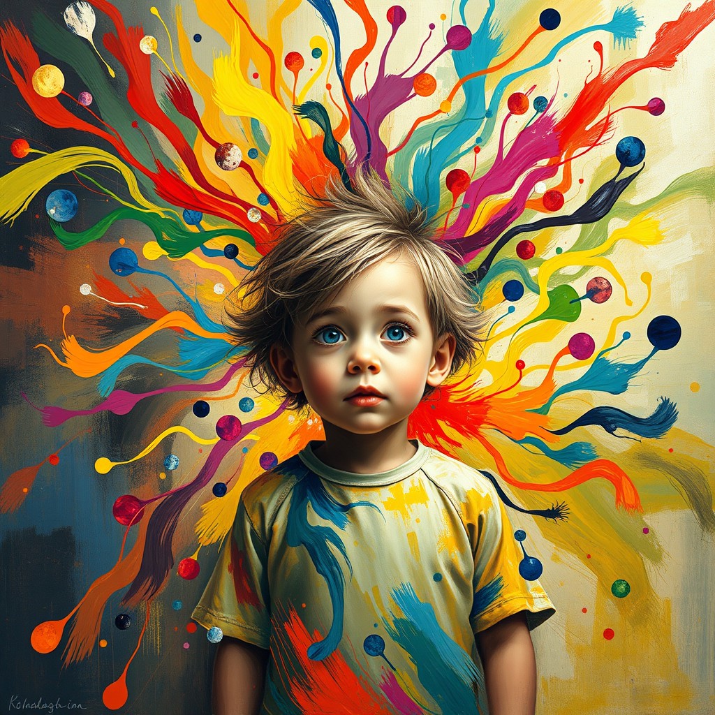 An expressive and vibrant representation of a child surrounded by a whirlwind of colors and sounds, illustrating a unique inner world that contrasts with the labels often placed on them like "troublesome" or "distracted
