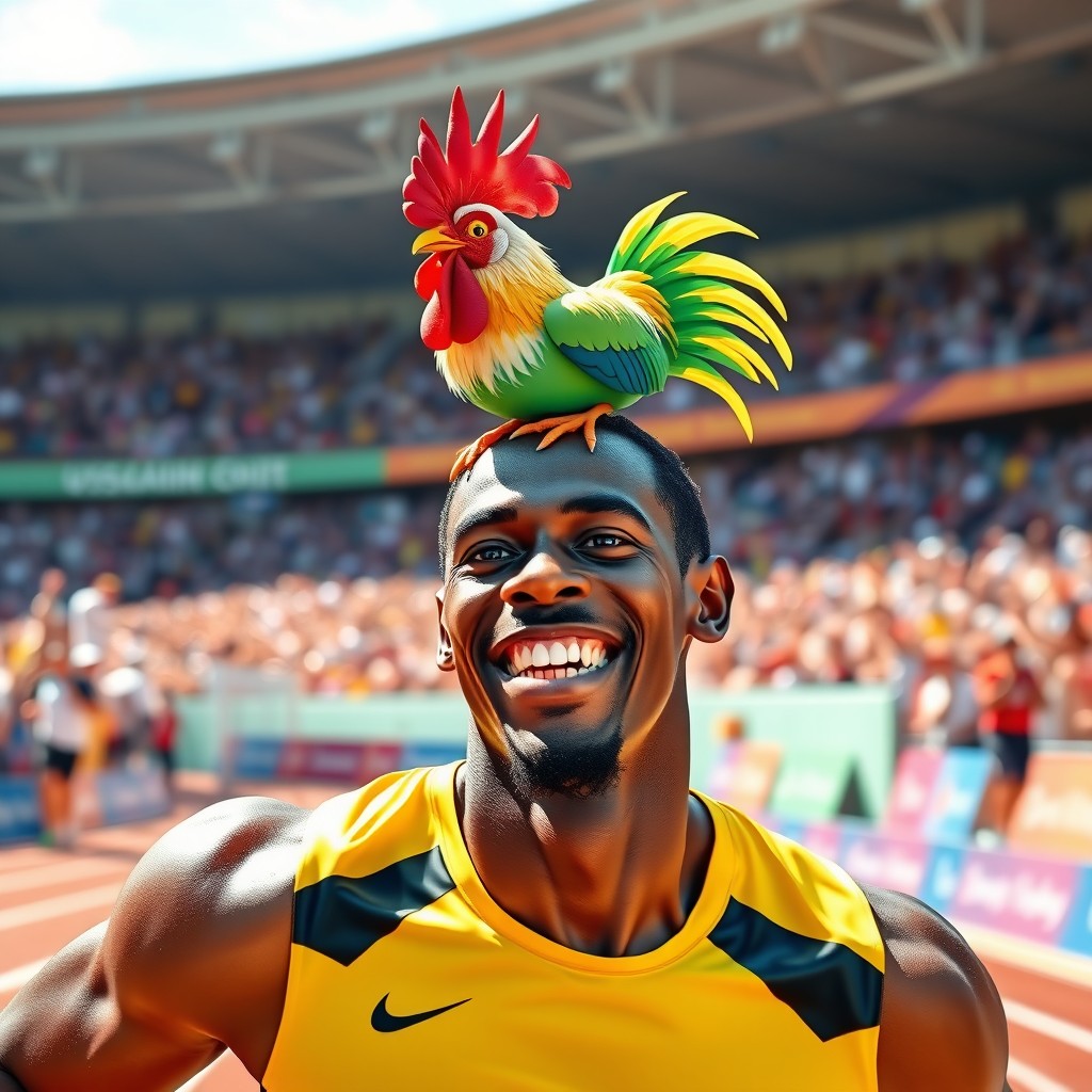 A playful scene featuring a vibrant chicken perched on the head of Usain Bolt, the famous Jamaican sprinter
