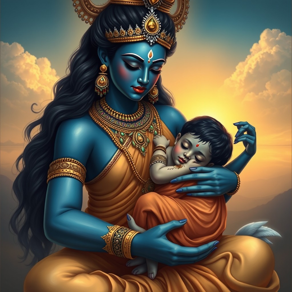 A serene and nurturing depiction of Goddess Kali gently cradling a sleeping child in her arms