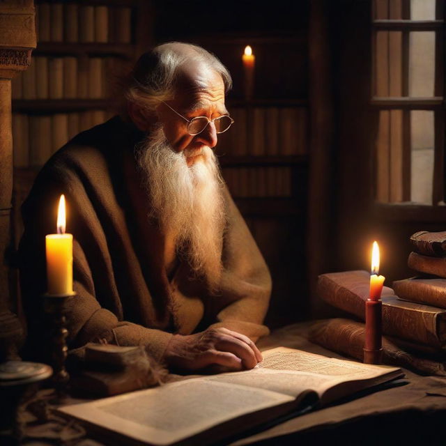 A wise man deep in thought, illuminated by the soft, warm glow of candlelight, surrounded by ancient books and scrolls.