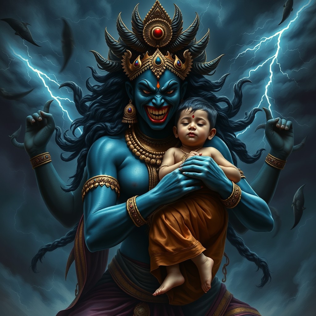 A striking portrayal of Goddess Kali in her fierce, fearsome form, yet radiating deep love and affection as she cradles her son