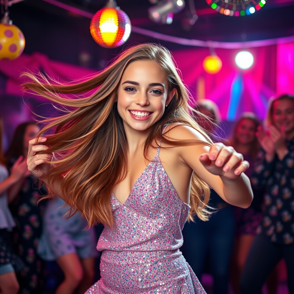 A beautiful girl with flowing long hair, wearing a stylish outfit that sparkles under bright lights, dancing energetically to a popular TikTok song