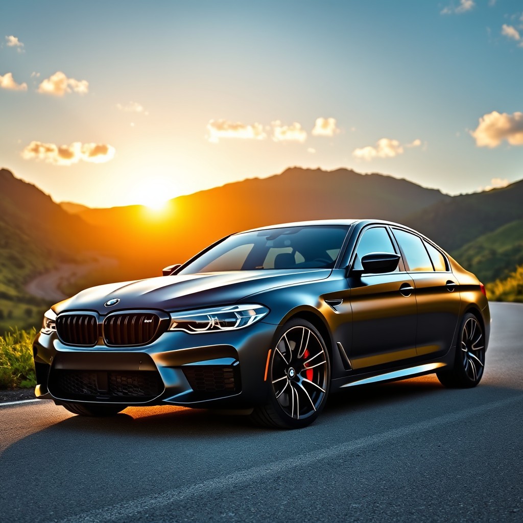 A stunning BMW M5 Competition in a sleek black matte finish, parked on a scenic winding road surrounded by lush green mountains