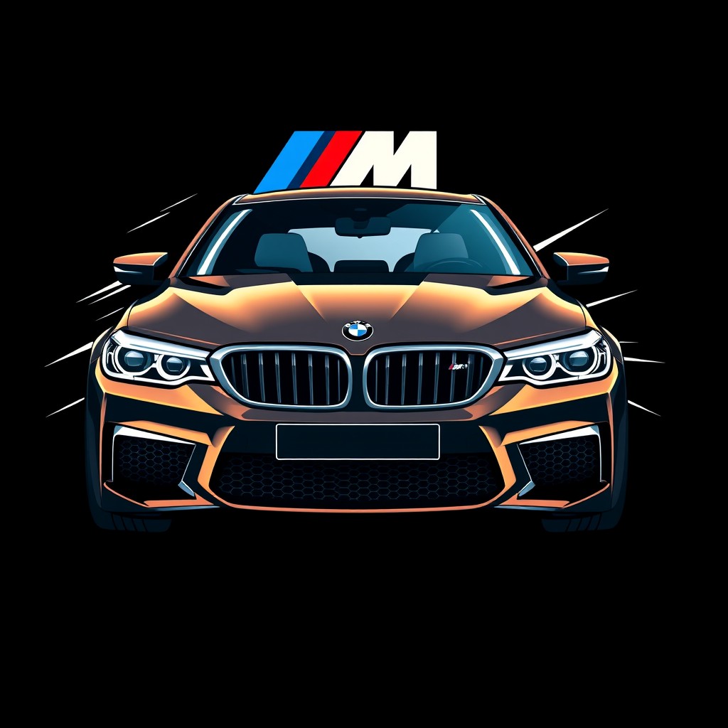 An animated-style graphic of a BMW M5 Competition on a solid black background, designed for a t-shirt