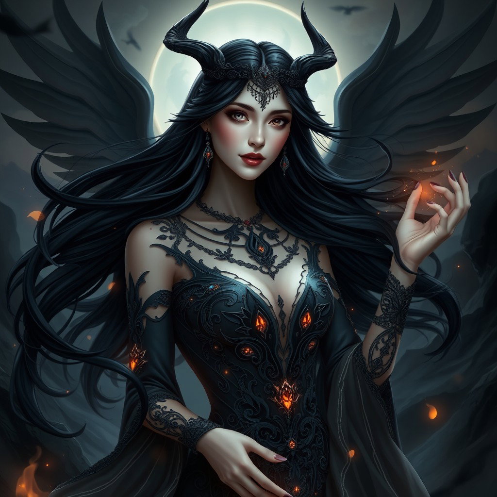 A stunning representation of Lilith, the dark goddess, depicted with striking features and an air of mystery