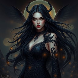 A stunning representation of Lilith, the dark goddess, depicted with striking features and an air of mystery