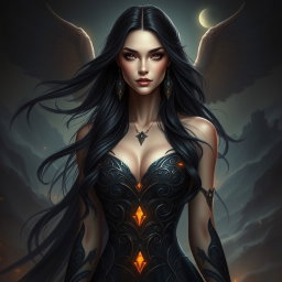 A stunning representation of Lilith, the dark goddess, depicted with striking features and an air of mystery