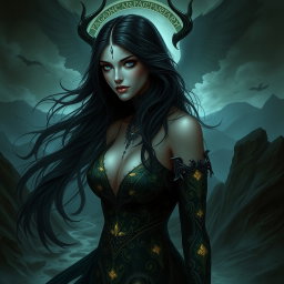 A stunning representation of Lilith, the dark goddess, depicted with striking features and an air of mystery