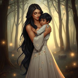 A touching scene depicting a beautiful woman lovingly embracing her son Armilus in a magical forest setting