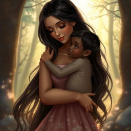 A touching scene depicting a beautiful woman lovingly embracing her son Armilus in a magical forest setting