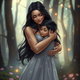 A touching scene depicting a beautiful woman lovingly embracing her son Armilus in a magical forest setting