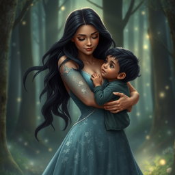A touching scene depicting a beautiful woman lovingly embracing her son Armilus in a magical forest setting