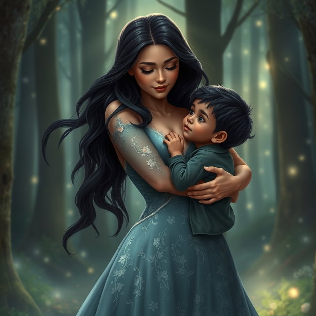 A touching scene depicting a beautiful woman lovingly embracing her son Armilus in a magical forest setting