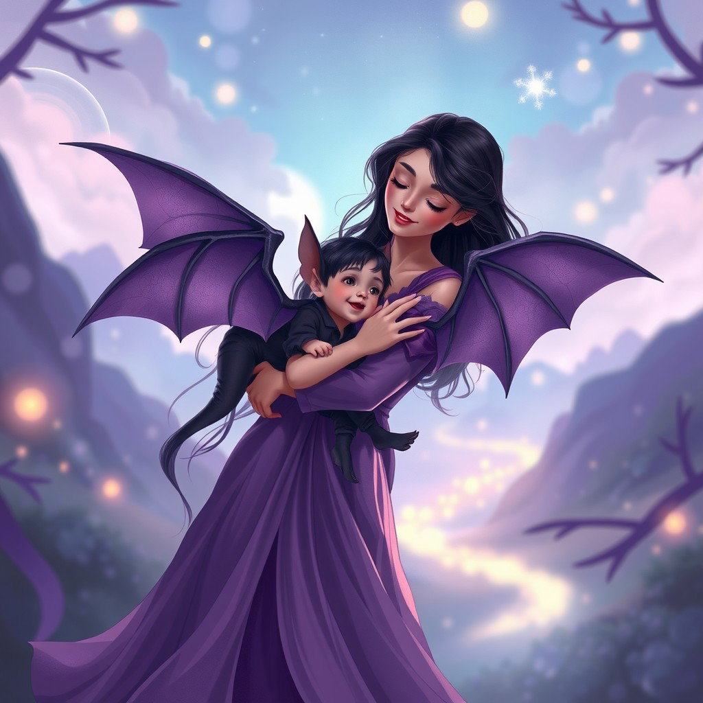 An enchanting scene featuring a beautiful woman in a flowing purple dress, similar to the second reference image
