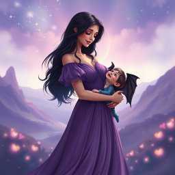 An enchanting scene featuring a beautiful woman in a flowing purple dress, similar to the second reference image