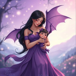 An enchanting scene featuring a beautiful woman in a flowing purple dress, similar to the second reference image
