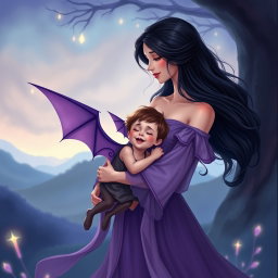 An enchanting scene featuring a beautiful woman in a flowing purple dress, similar to the second reference image