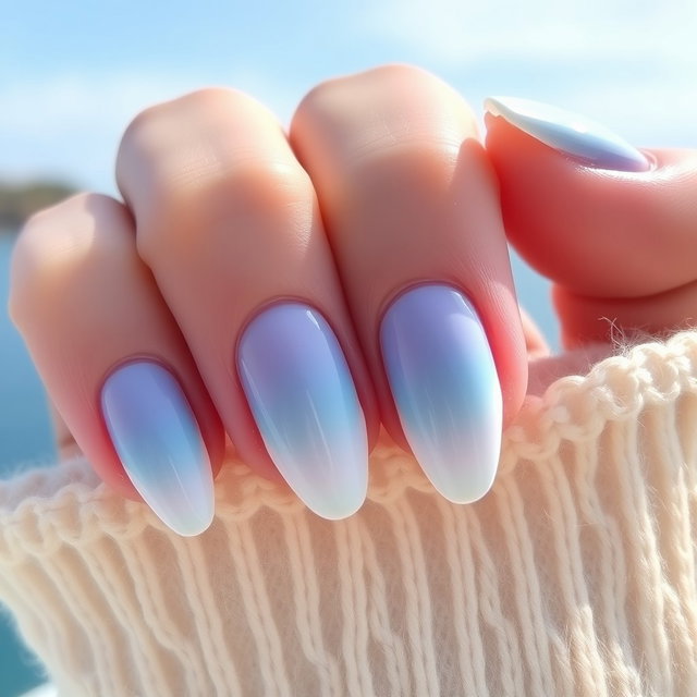 A stunning nail design inspired by the Mediterranean Sea, featuring a base of soft nude pastel or light beige