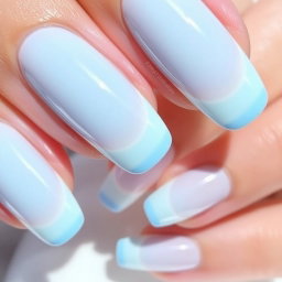 A stunning nail design inspired by the Mediterranean Sea, featuring a base of soft nude pastel or light beige