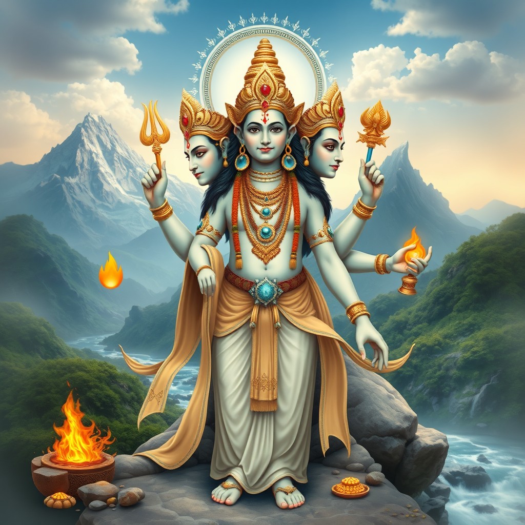 A serene and mystical depiction of Dattatreya, the Hindu deity representing the combined aspects of Brahma, Vishnu, and Shiva