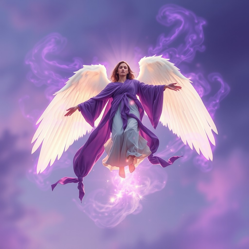 An Arcangel floating majestically in the sky, draped in flowing purple garments that shimmer with light