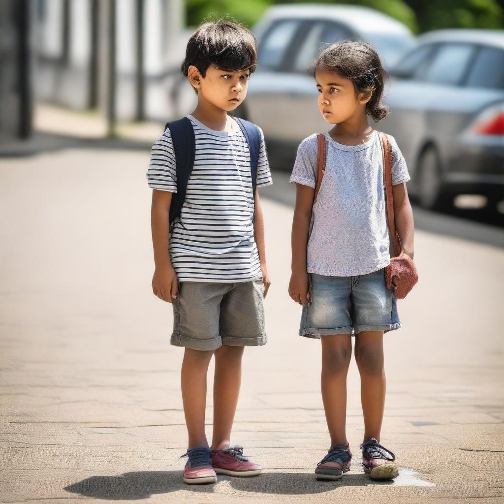 A young boy and girl standing patiently in a queue, in broad daylight, dressed in casual summer clothing.