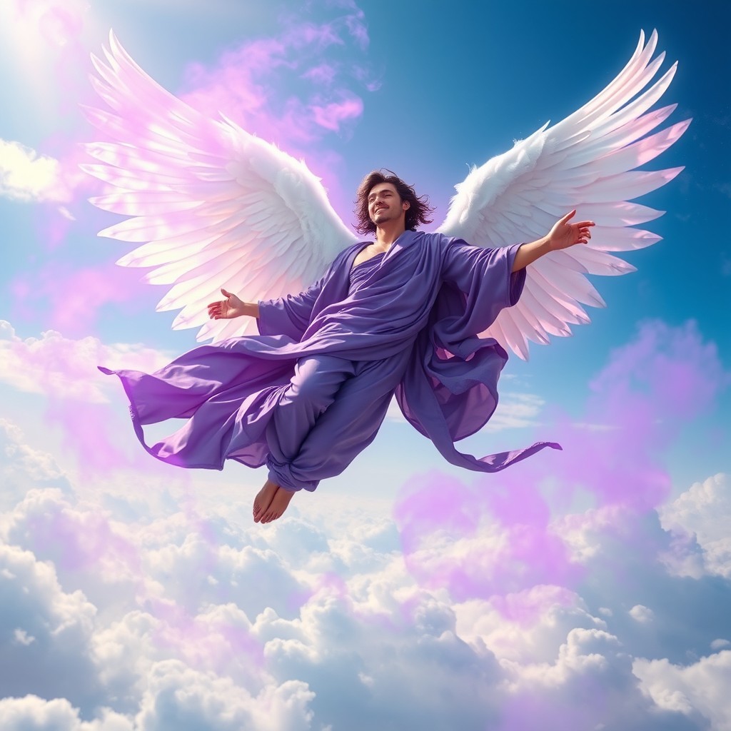 An Arcangel man floating gracefully between fluffy clouds, adorned in flowing purple garments that shimmer with mystical energy