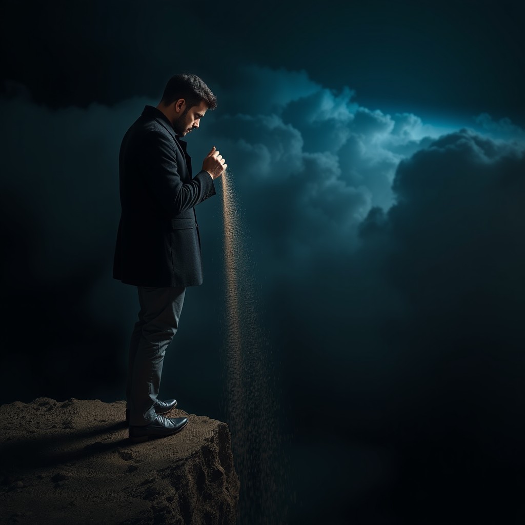 A man dressed in elegant pants and a stylish coat stands at the edge of a cliff, gazing down at the Earth far below