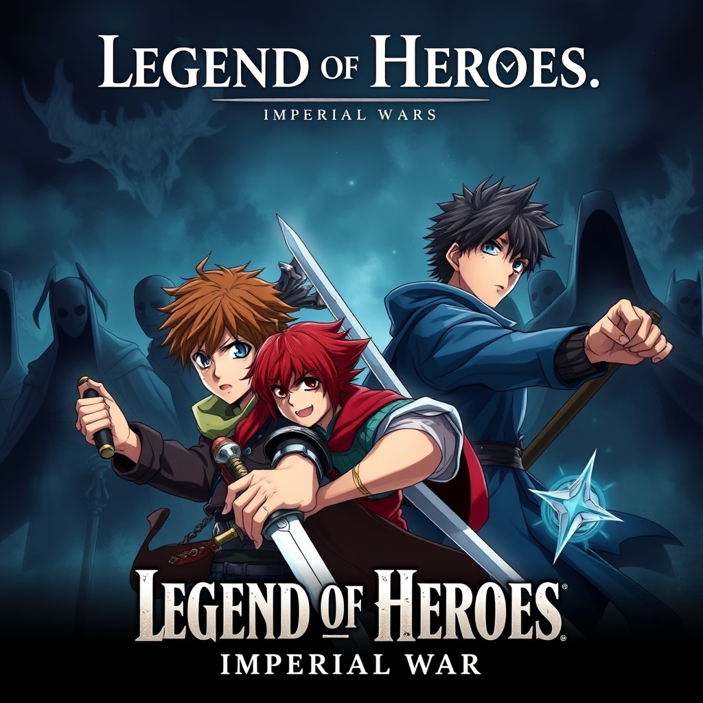 A dark anime cover titled 'Legend of Heroes: Imperial War', featuring three 16-year-old boys who look battered and angry