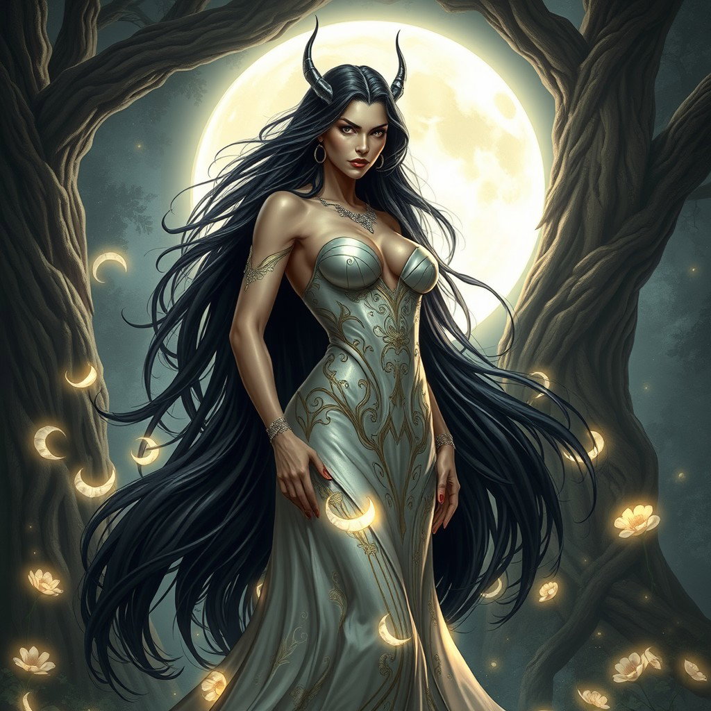 A stunning depiction of Lilith, characterized by her long flowing dark hair and striking features