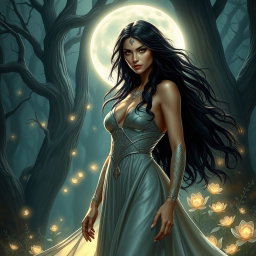 A stunning depiction of Lilith, characterized by her long flowing dark hair and striking features