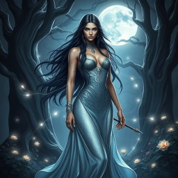 A stunning depiction of Lilith, characterized by her long flowing dark hair and striking features