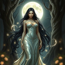 A stunning depiction of Lilith, characterized by her long flowing dark hair and striking features