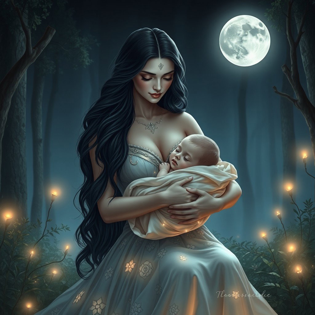 A captivating scene of Lilith cradling her child in her arms, set against a serene backdrop of a mystical forest