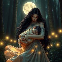 A captivating scene of Lilith cradling her child in her arms, set against a serene backdrop of a mystical forest