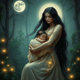 A captivating scene of Lilith cradling her child in her arms, set against a serene backdrop of a mystical forest