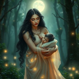 A captivating scene of Lilith cradling her child in her arms, set against a serene backdrop of a mystical forest