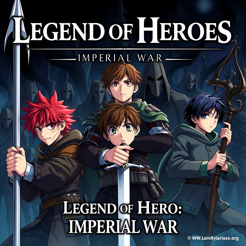 A dark anime cover titled 'Legend of Heroes: Imperial War', featuring three 18-year-old boys who look battered and angry