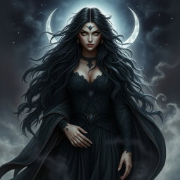 A majestic and powerful depiction of Lilith, the dark goddess, contrasted with swirling shadows and ethereal light