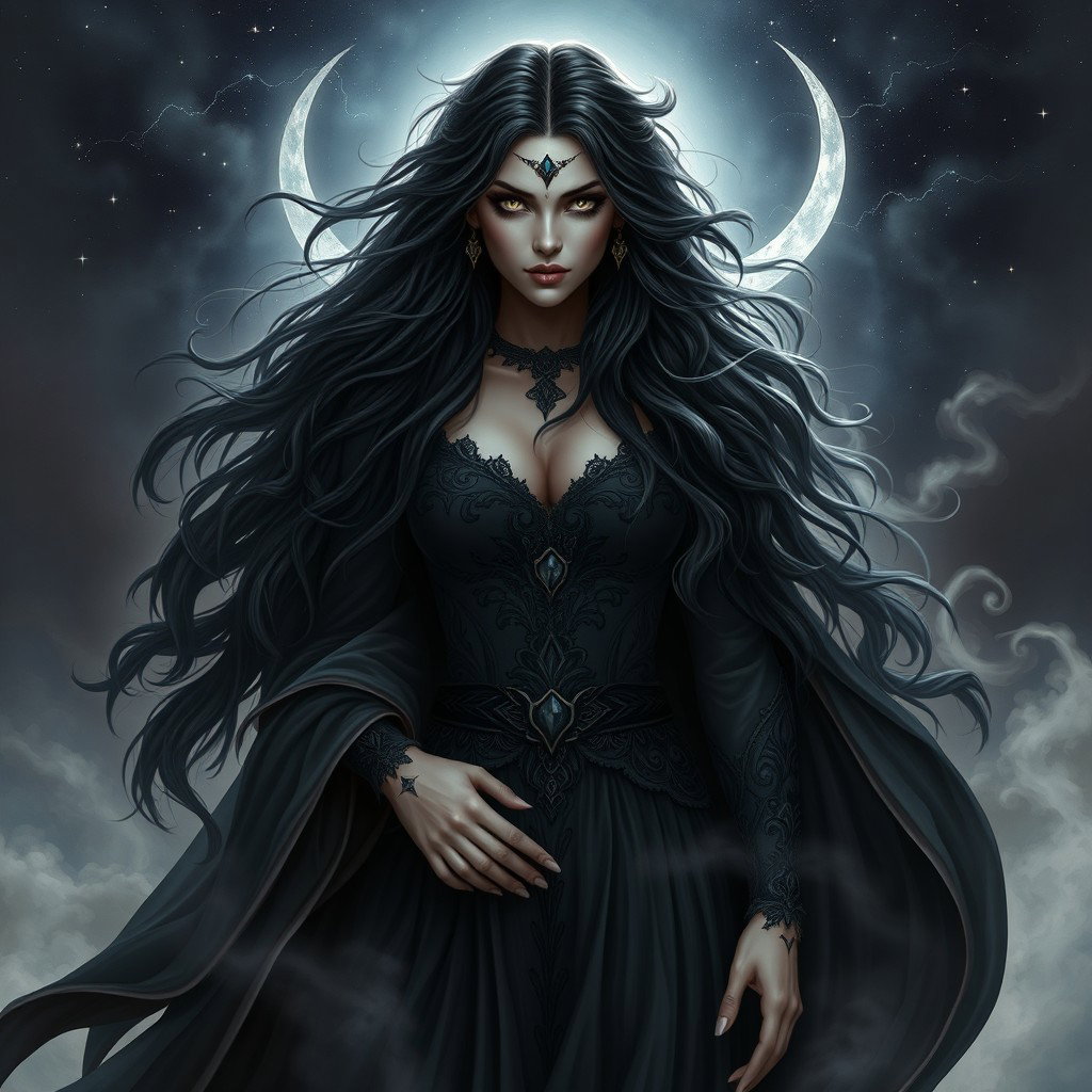 A majestic and powerful depiction of Lilith, the dark goddess, contrasted with swirling shadows and ethereal light