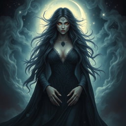 A majestic and powerful depiction of Lilith, the dark goddess, contrasted with swirling shadows and ethereal light
