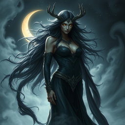 A majestic and powerful depiction of Lilith, the dark goddess, contrasted with swirling shadows and ethereal light