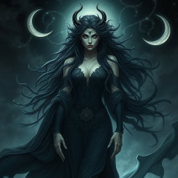 A majestic and powerful depiction of Lilith, the dark goddess, contrasted with swirling shadows and ethereal light