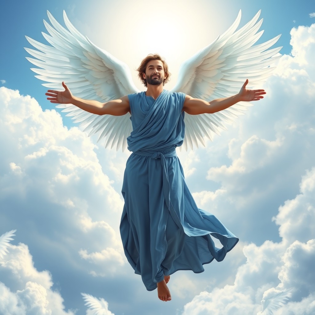 An arcangel man wearing flowing blue garments and majestic white wings, depicted from head to hips, with arms wide open as if inviting a warm hug