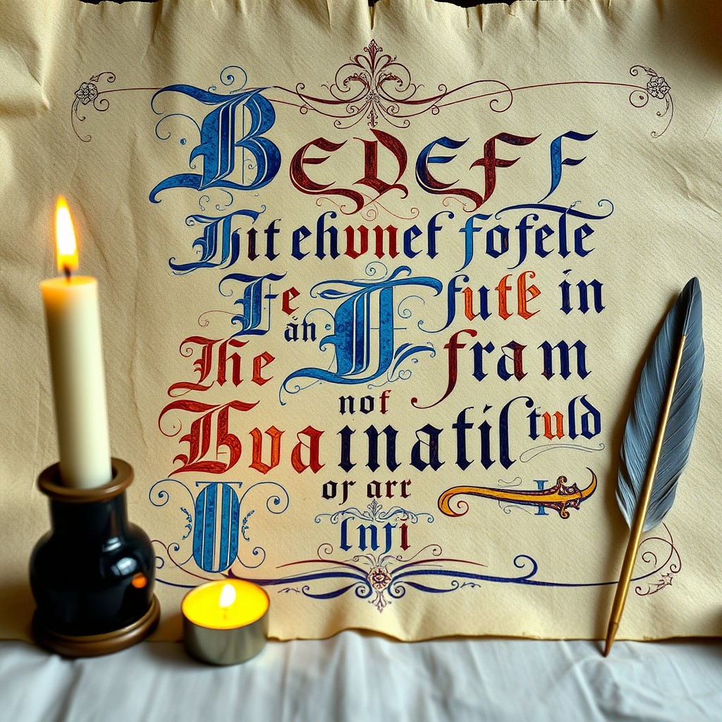 An intricate demonstration of medieval calligraphy showcasing elegant letterforms on a beautifully aged parchment background