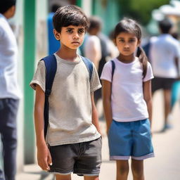 A young boy and girl standing patiently in a queue, in broad daylight, dressed in casual summer clothing.