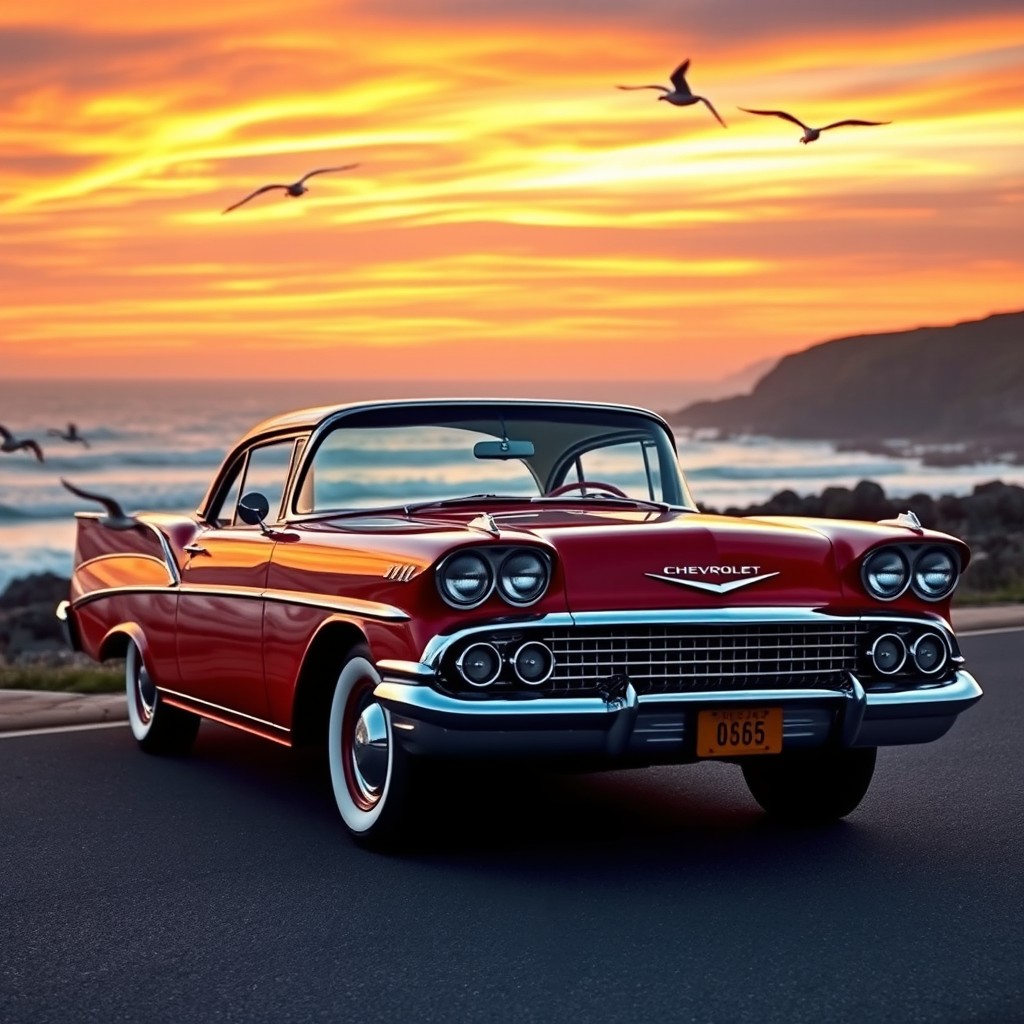 A stunning vintage Chevrolet car parked on a scenic coastal road during sunset
